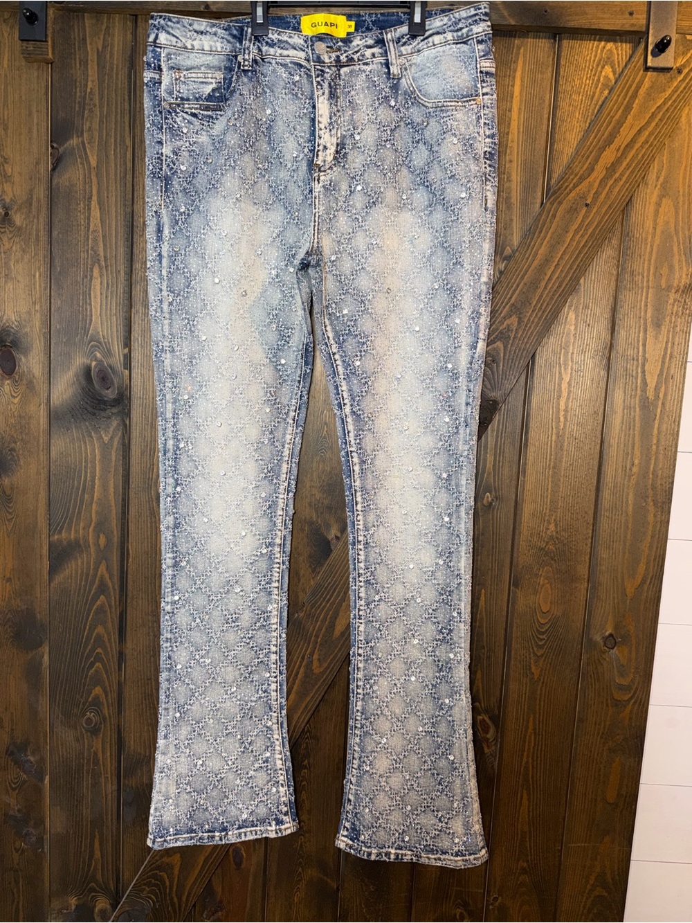 GUAPI Premium Rhinestone Flare Stacked Denim‎ Jeans Maximalist Streetwear Y2K 38